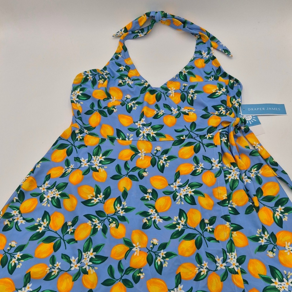 Draper James Lemon Print Halter Swim Dress Vista Blue XL UPF 50+ NWT